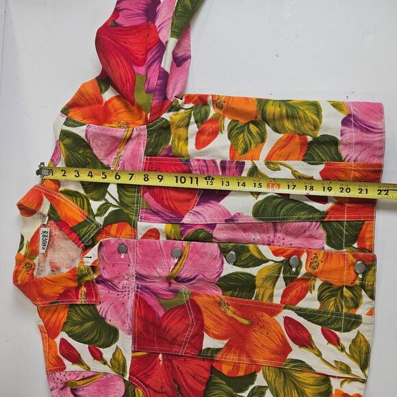 Chico’s Design Size 2 Large Floral Tropical Pink & Orange Denim Beading Jacket - Picture 6 of 8